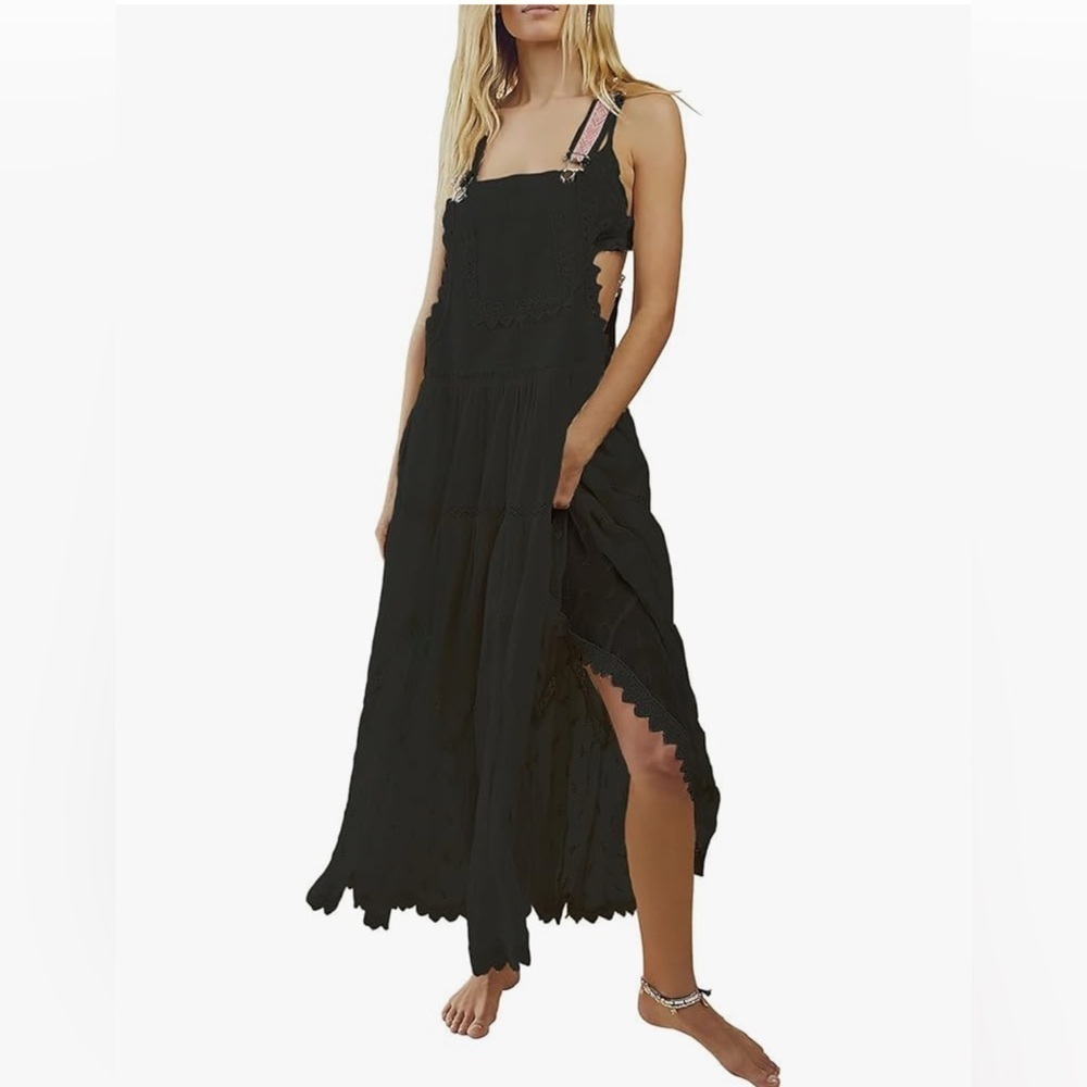 Women's Laced Embroidered  Bib Dress Adjustable Straps Maxi Dress Size Small